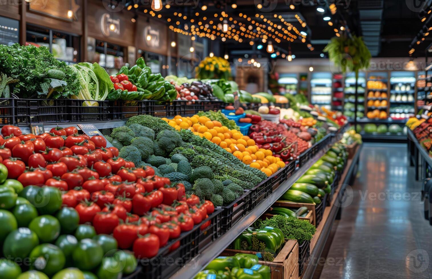 ai generado tienda de comestibles Tienda Produce pasillo con grande selección de Fresco frutas y vegetales foto