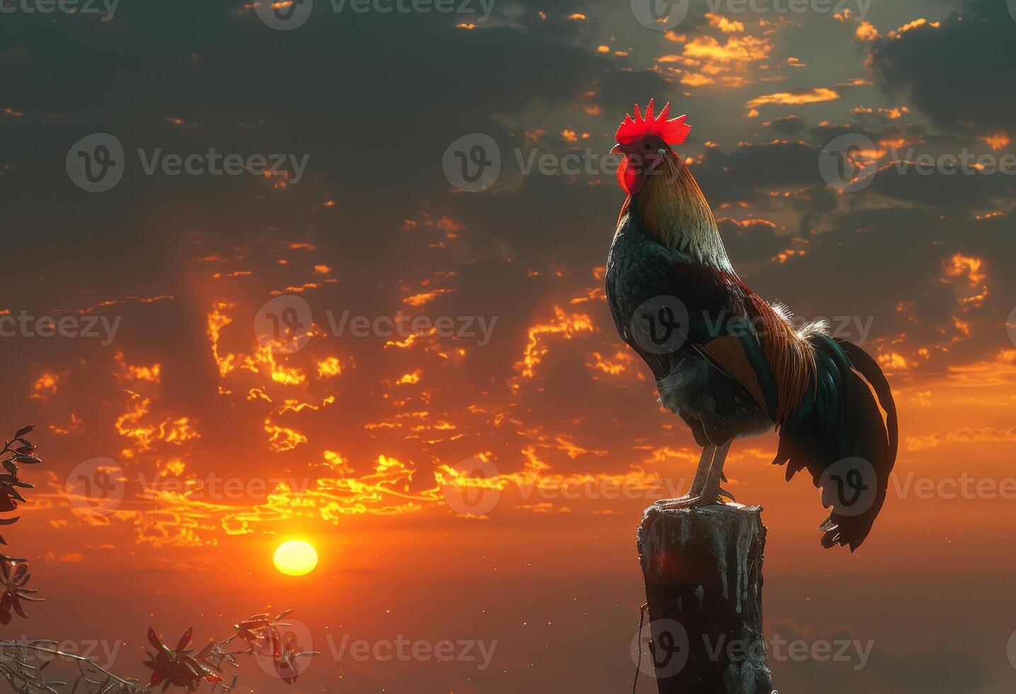 AI generated Rooster crowing on pole at sunrise photo