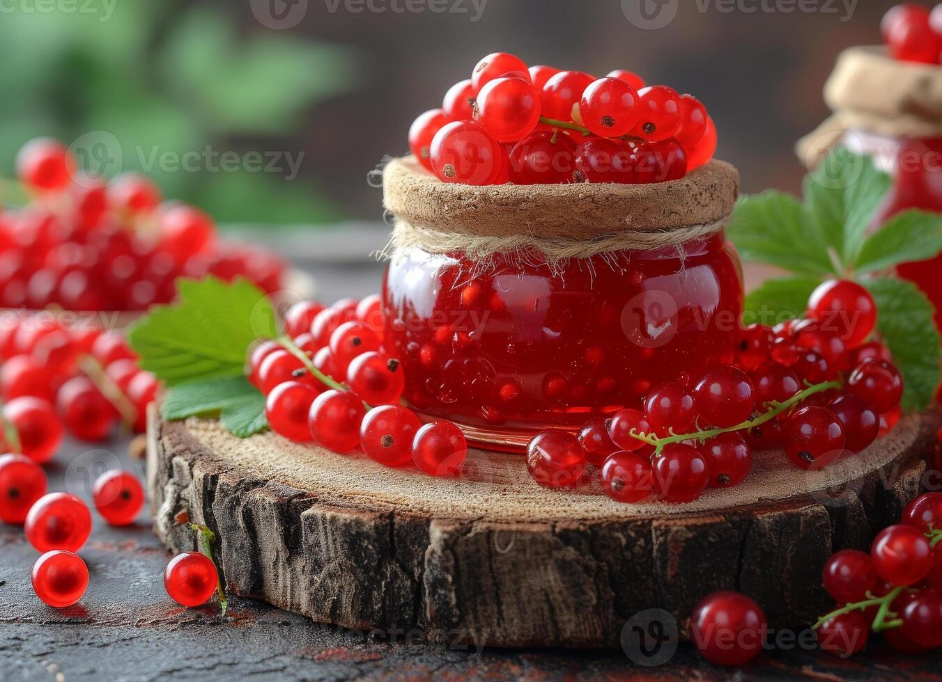 AI generated Jars with red currant jam on the wooden table photo