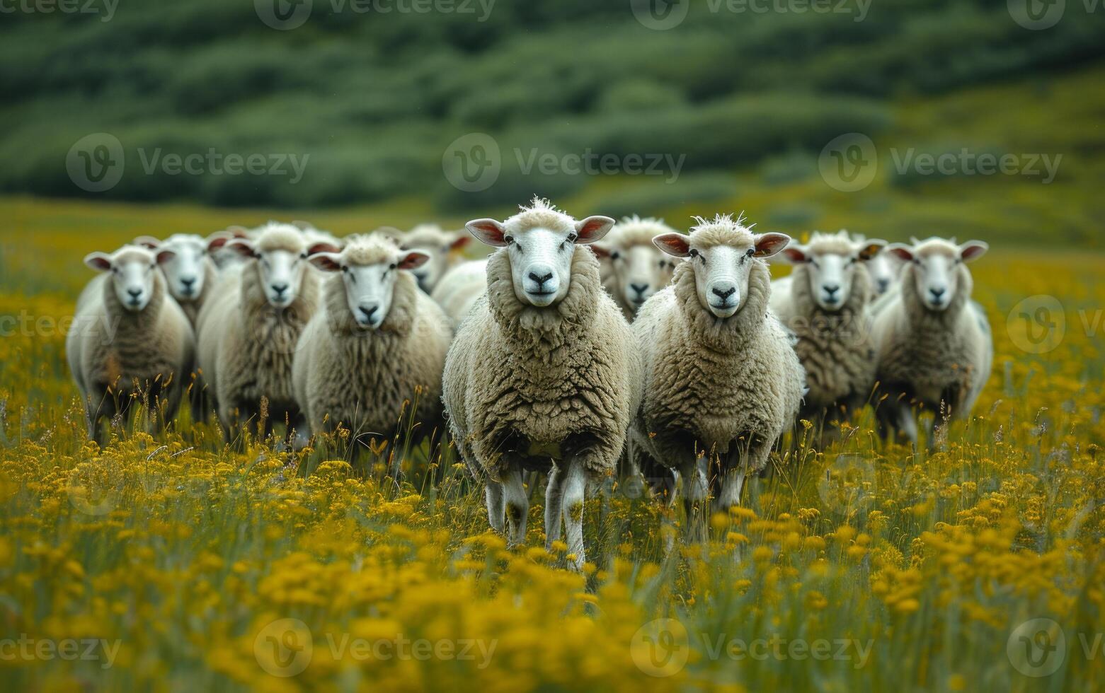 AI generated Large herd of sheep. A sheep herd on grassy background photo