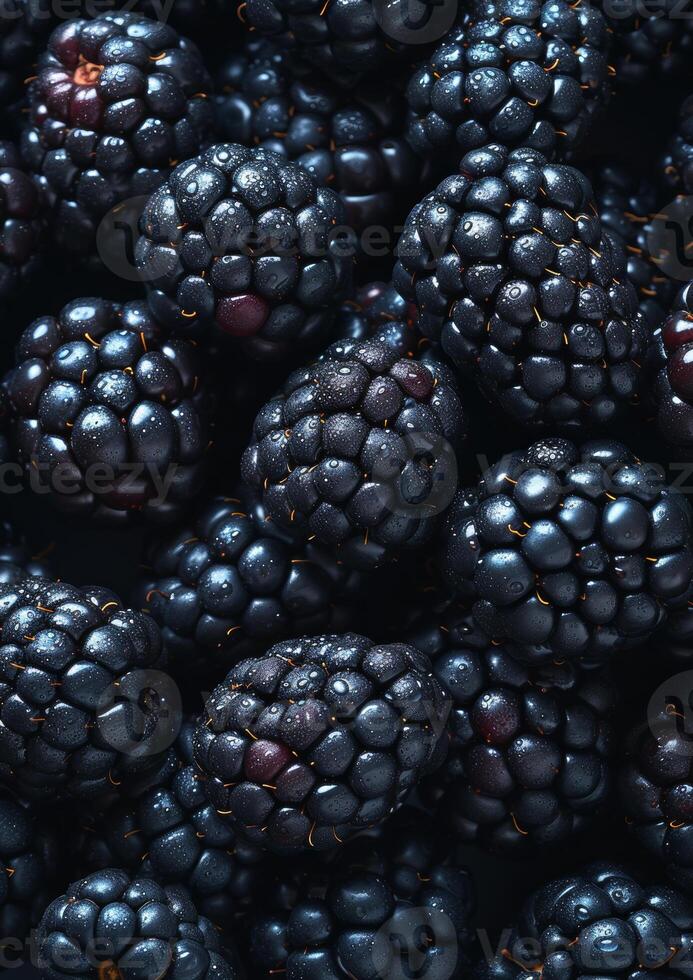 AI generated a lot of blackberry seamless pattern decorated with shiny water drops photo