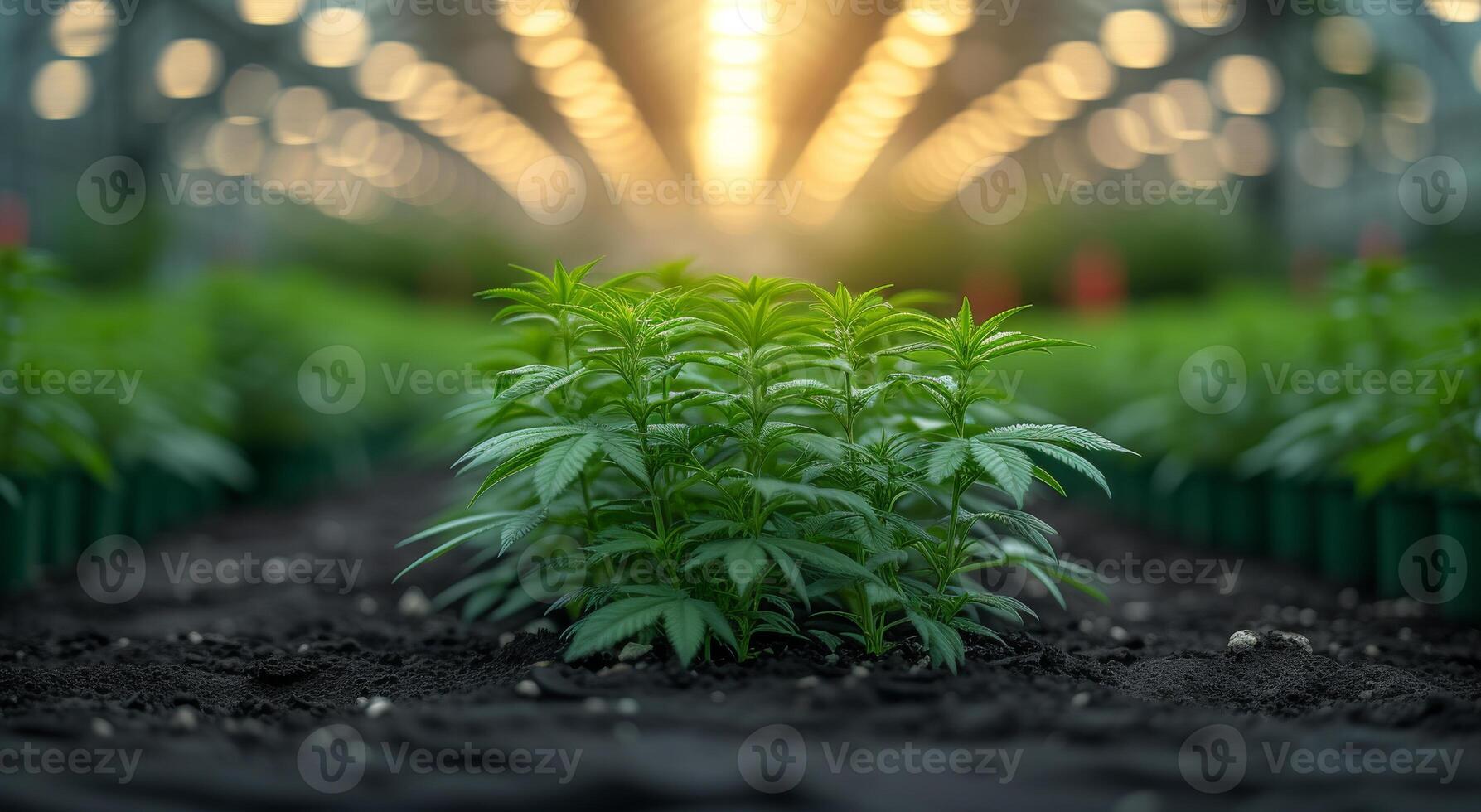 AI generated Young cannabis plant grows in greenhouse under bright lights photo