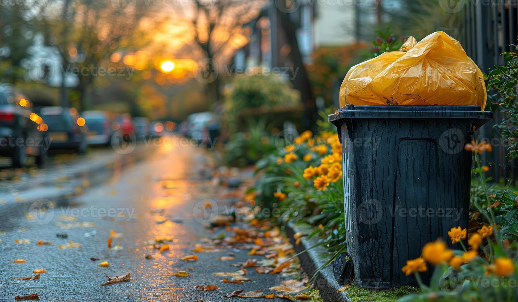 AI generated Trash can is filled with yellow bag on city street at sunset. photo