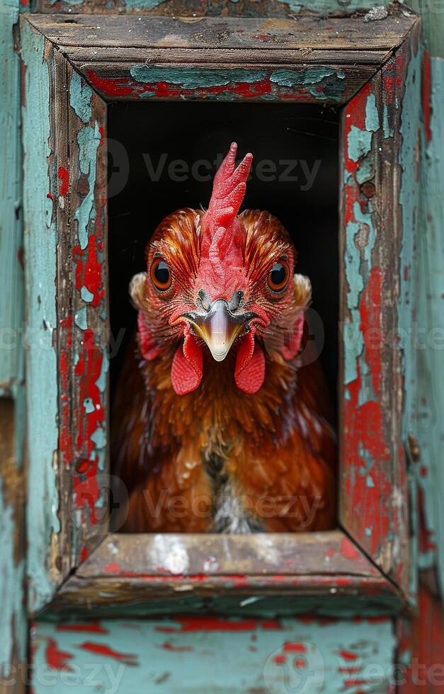 ai generado pollo mira fuera de ventana foto