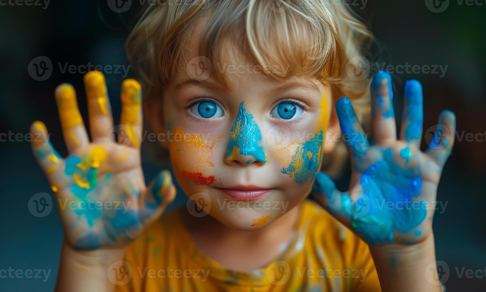 AI generated Child with paint on their hands. A child in colorful paint holds his hands up photo