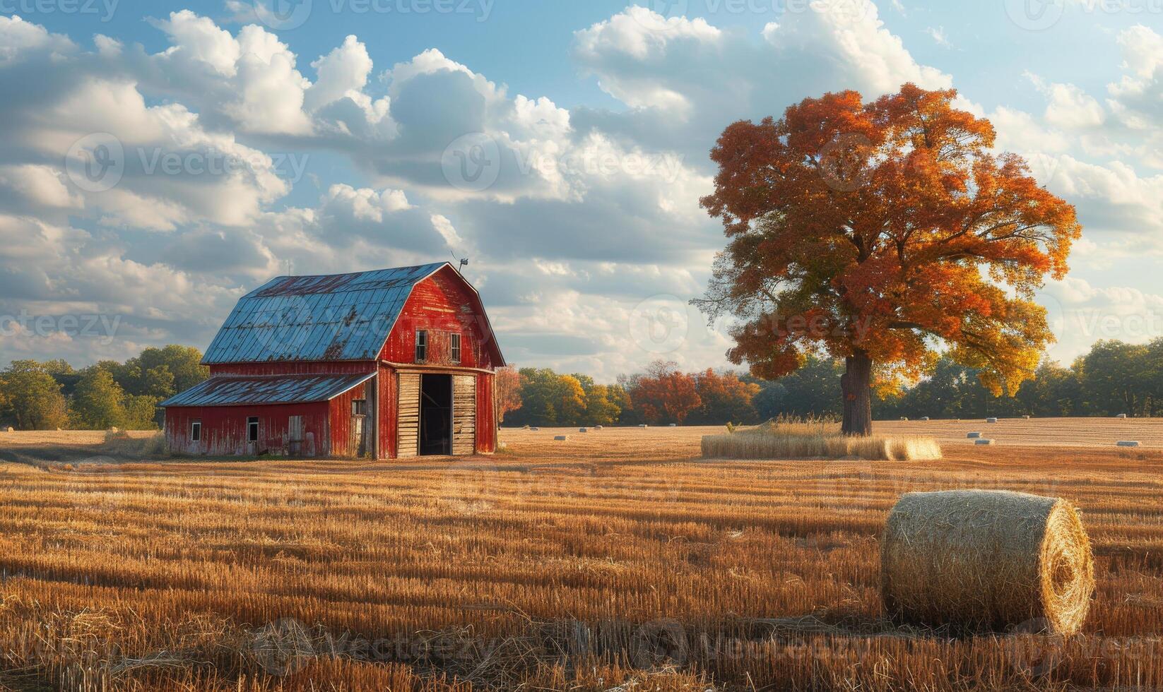 ai generado rojo granero y heno fardos sentar en campo en soleado otoño Mañana. foto