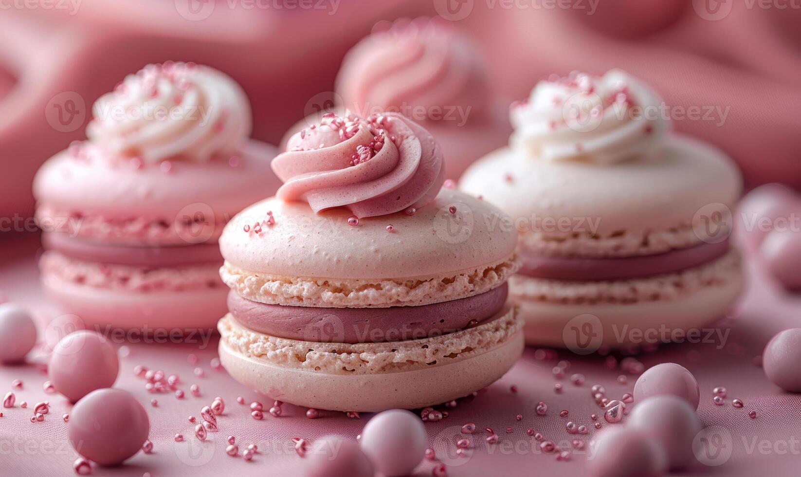 AI generated Pink macaroons with meringue on pink background photo