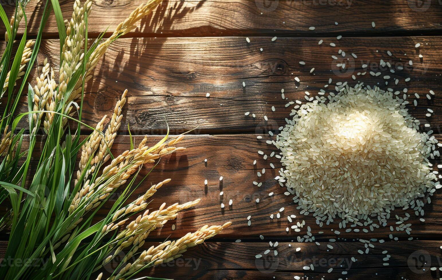 AI generated Jasmine rice and rice plant on the wooden table photo