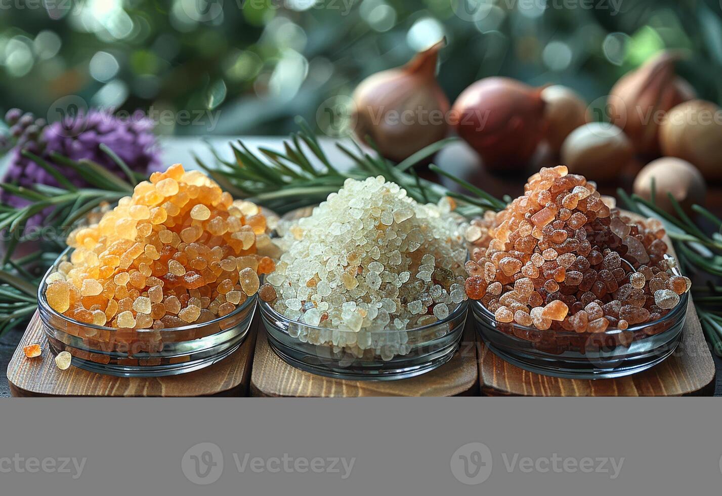 AI generated Three different types of salts in glass bowls on wooden table photo