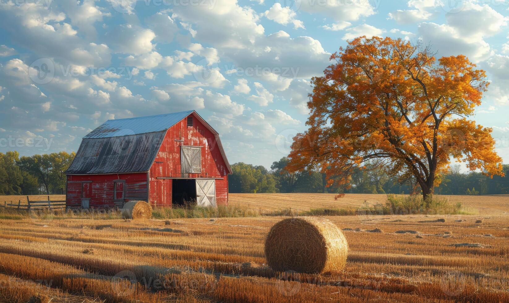 AI generated Red barn and hay bales sit in field on sunny autumn day. photo