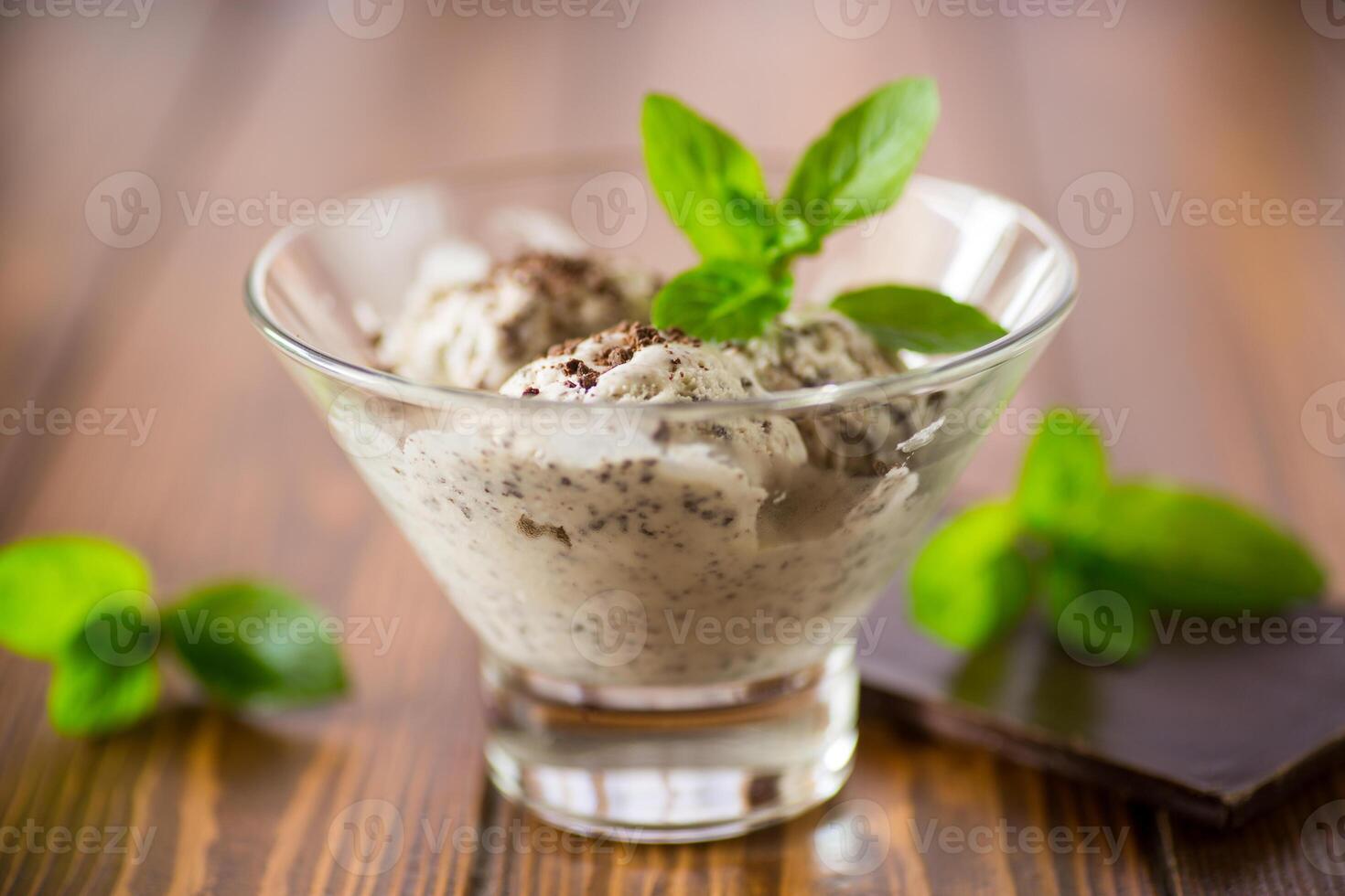 homemade ice cream with pieces of grated dark chocolate photo