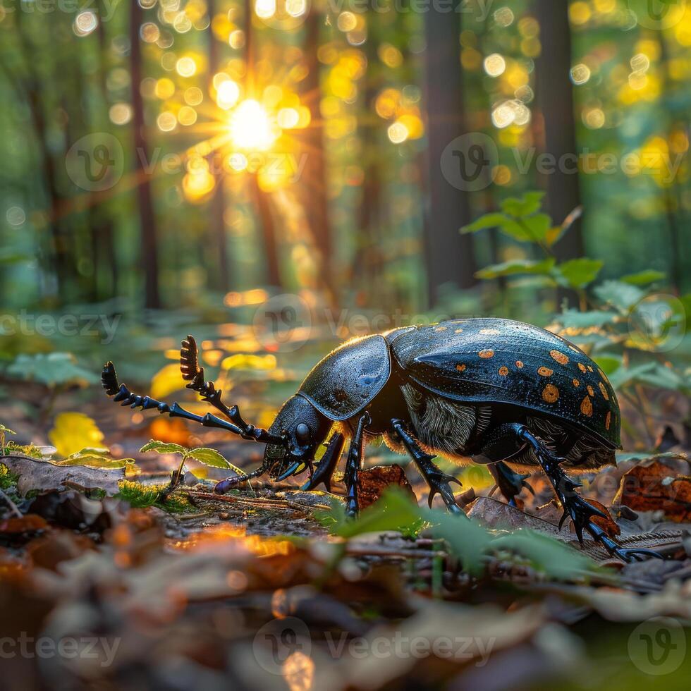 AI generated Large beetle crawls along the forest floor at sunset. photo