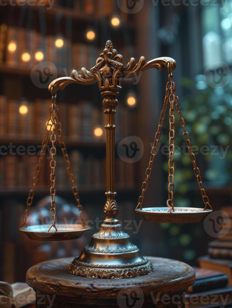 AI generated Scales of justice in the library photo