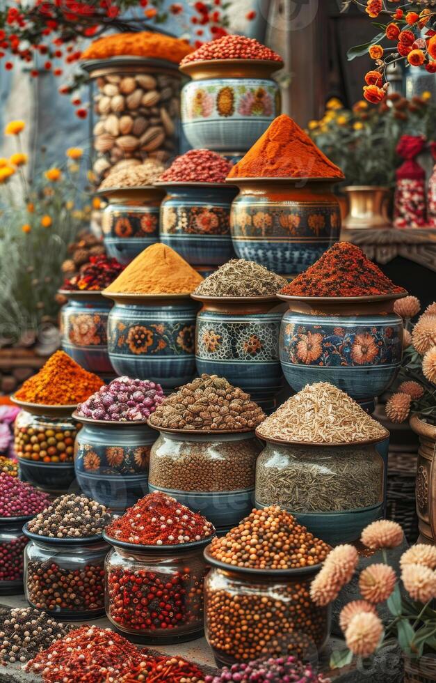 AI generated Spices and teas on the arab street market stall photo