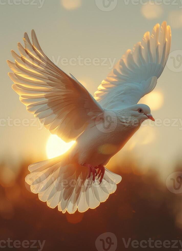 AI generated white Dove in the air with wings wide open in-front of the sun photo