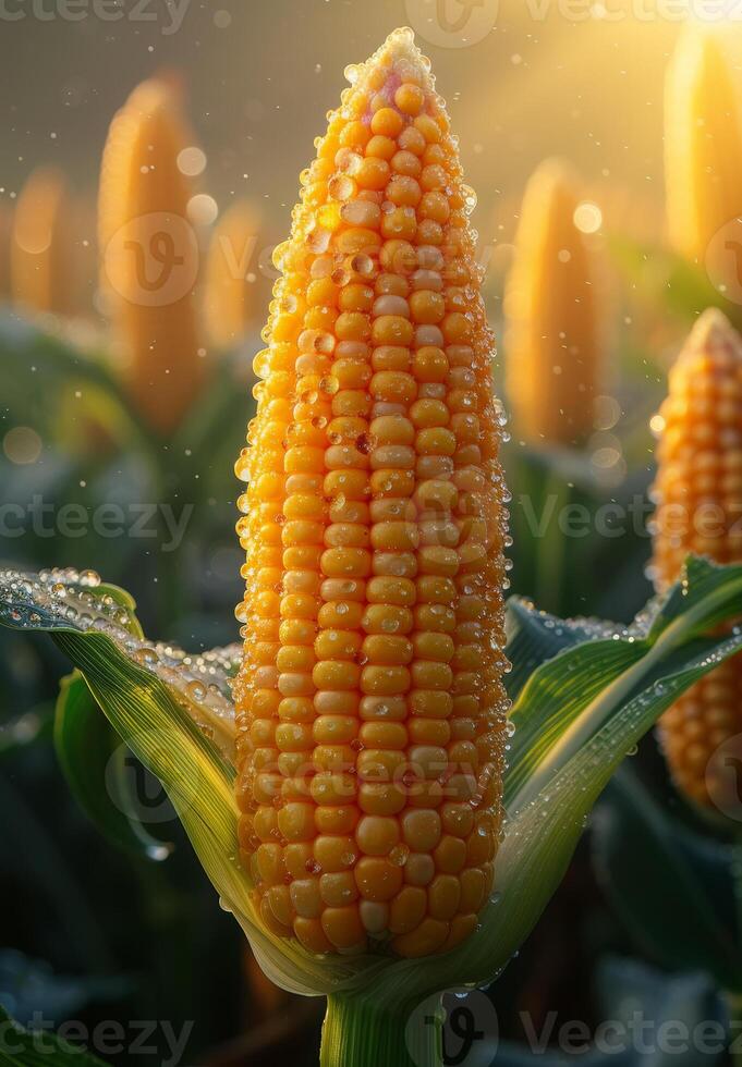 AI generated Corn field in the morning and dew photo