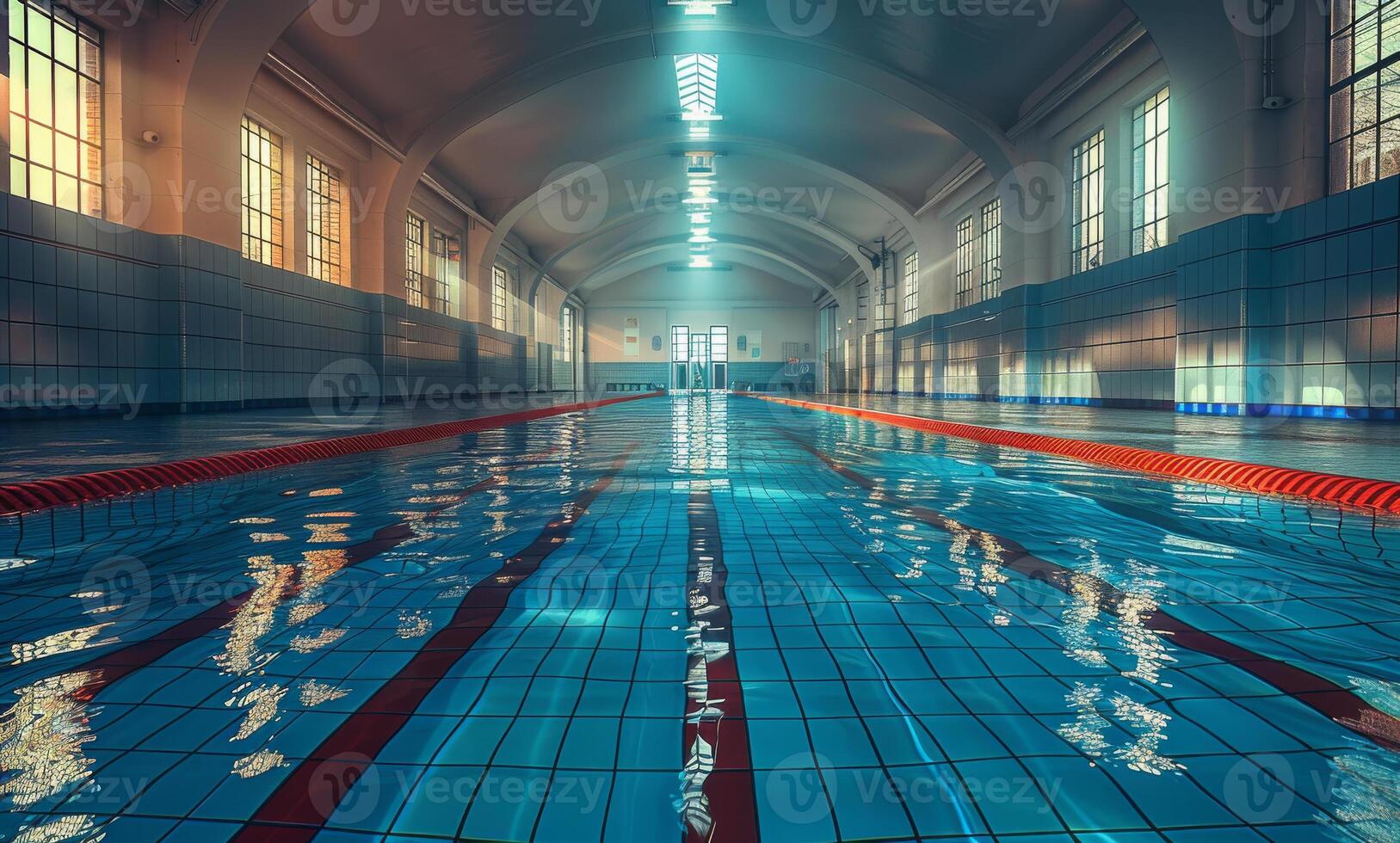 AI generated Empty swimming pool with blue water and red lanes photo