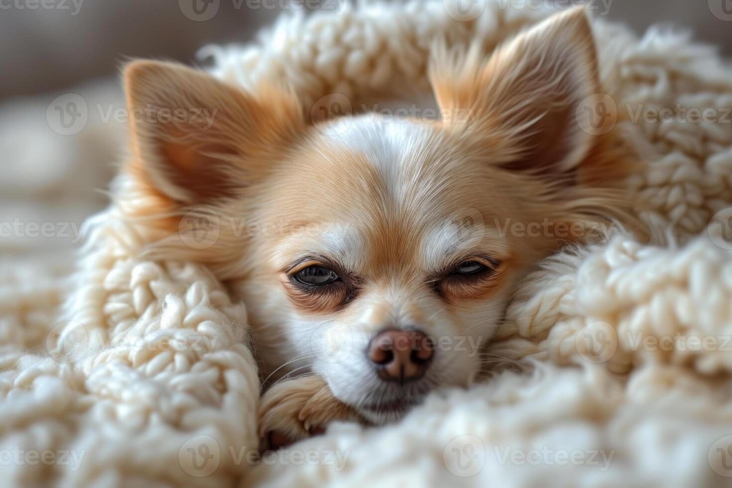 AI generated Cute chihuahua dog is sleeping on white blanket photo