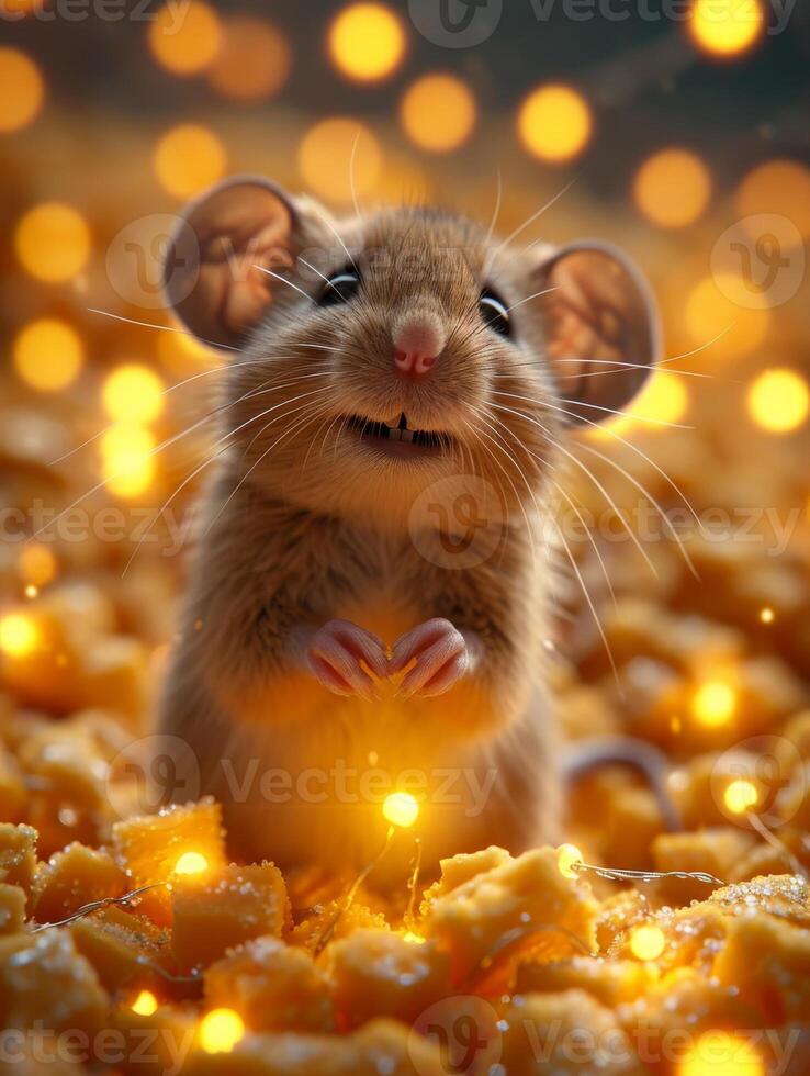 AI generated Cute little mouse and fairy lights in the background photo