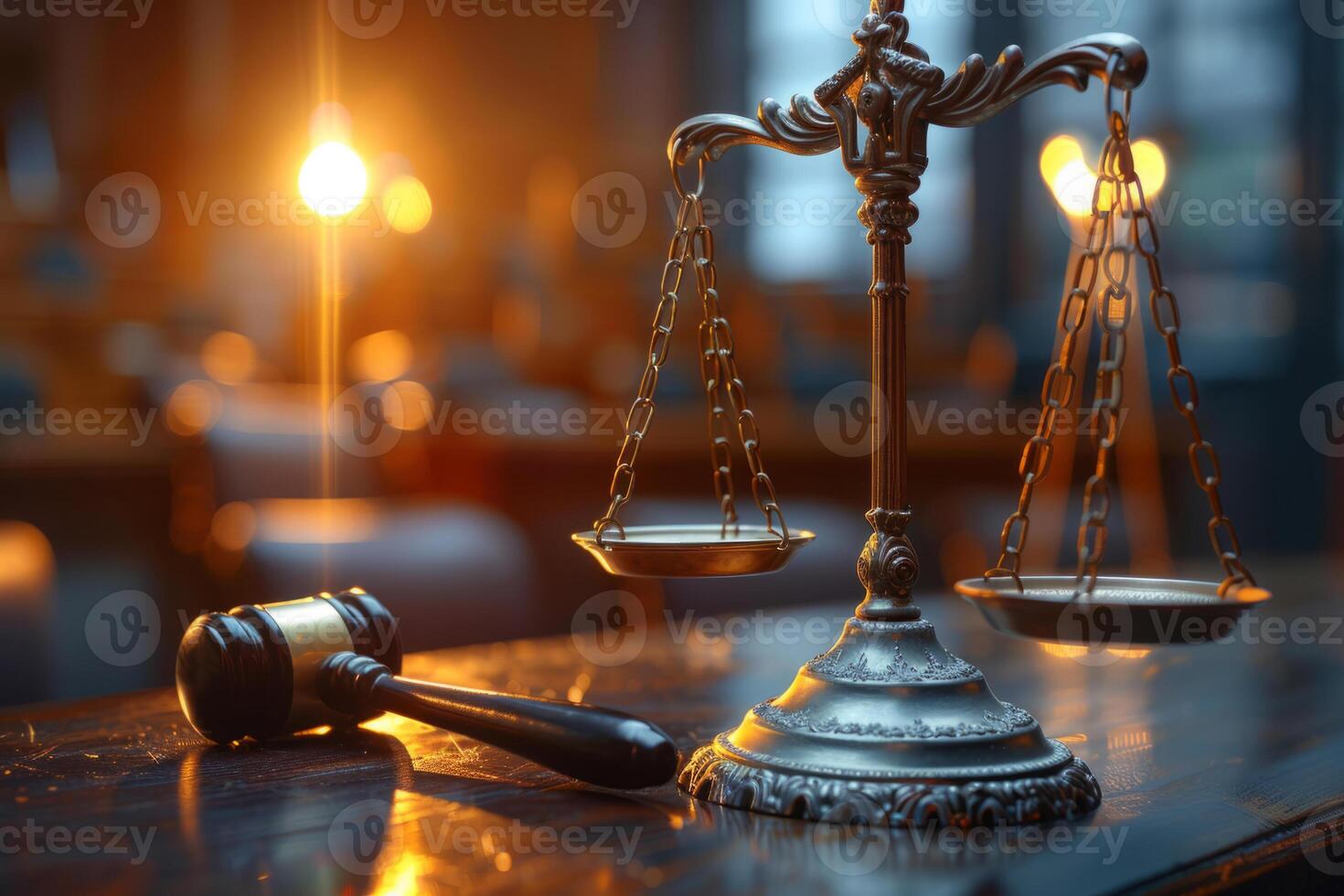 AI generated Judge gavel and scales of justice in the court hall. Law concept of judiciary. Generative AI photo