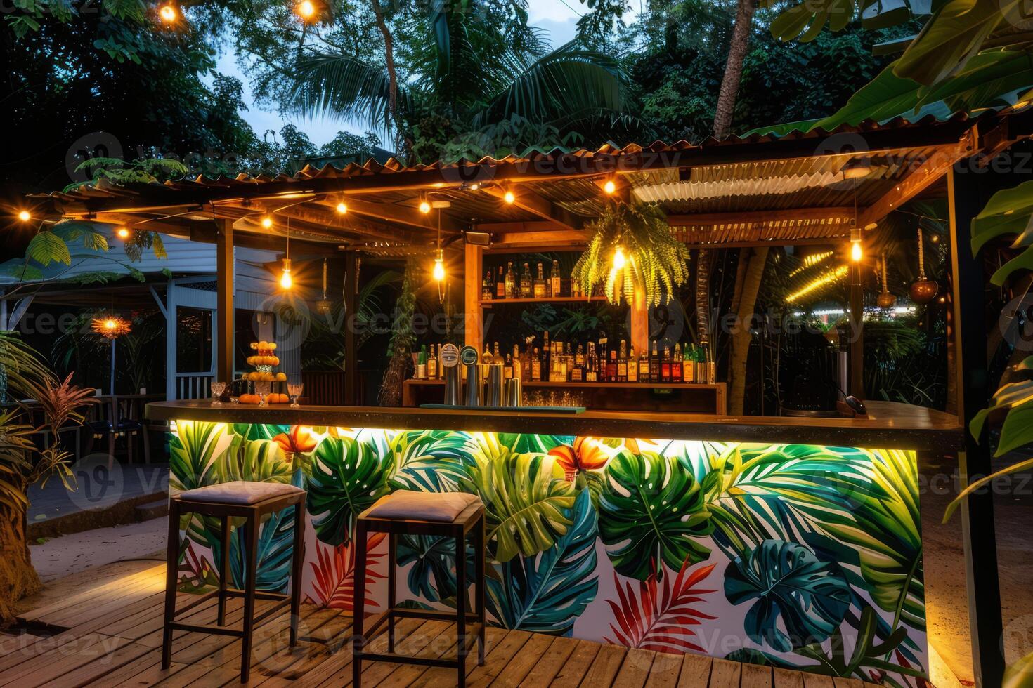 AI generated Outdoor bar with tropical themed decor. Vacation night life concept. Generative AI photo