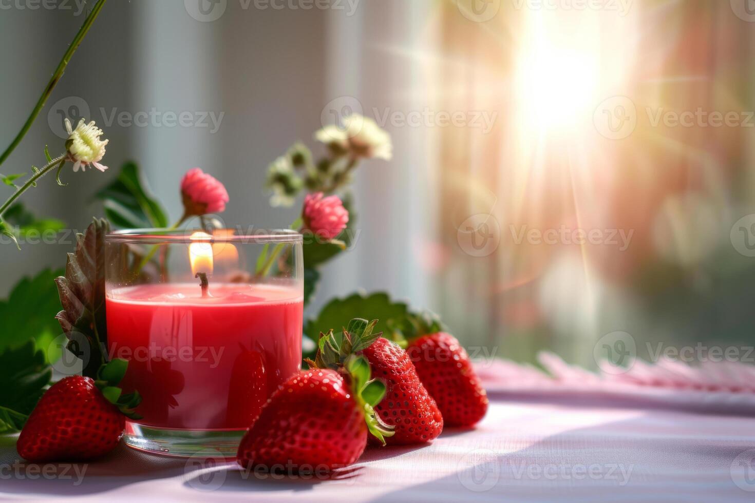 ai generado fresa perfumado vela. romántico concepto. iluminado velas con fresas y verano decoraciones generativo ai foto