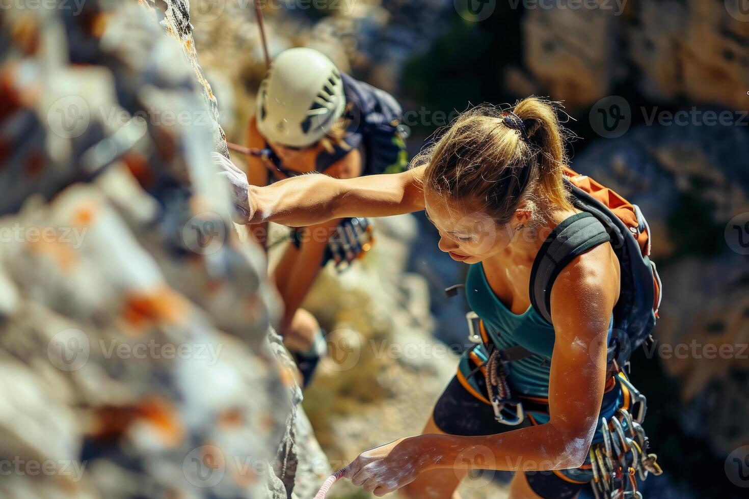 ai generado mujer escalada un rock mientras trekking al aire libre. generativo ai foto