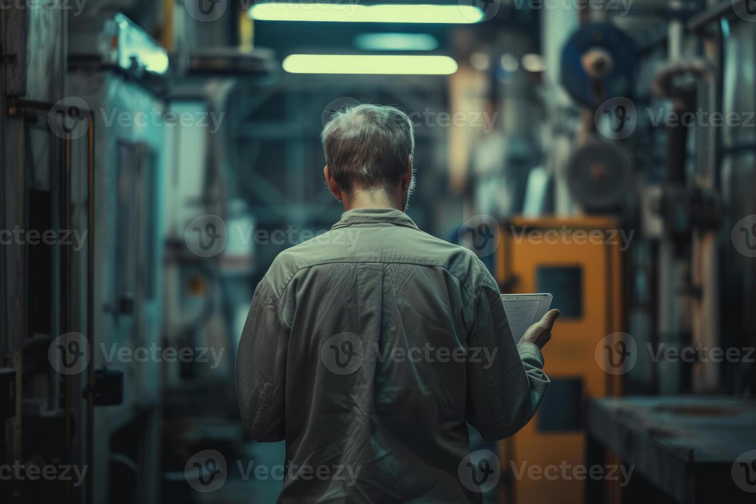 AI generated Back view of man in a modern factory with a tablet in his hands. Worker in industrial environment. Generative AI photo