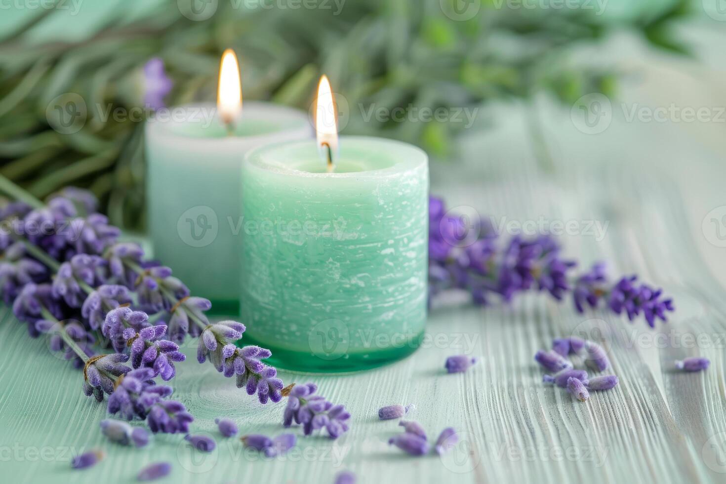 AI generated Violet and mint green candles with lavender flowers on background. Generative AI photo