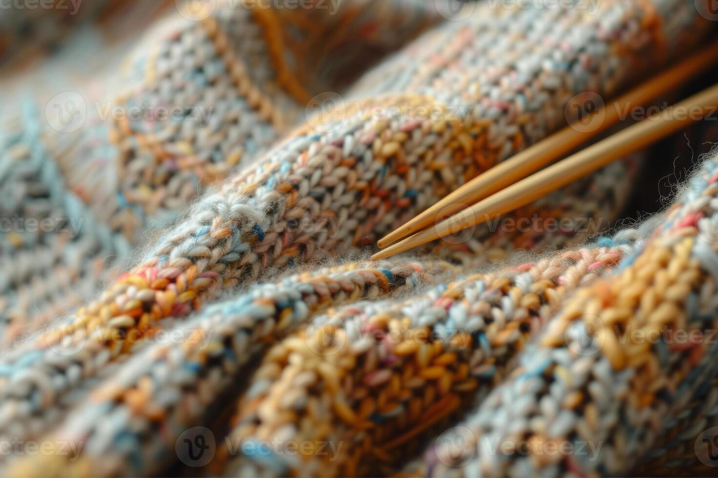 AI generated Knitting needles and unfinished colorful knitted sweater. Generative AI photo