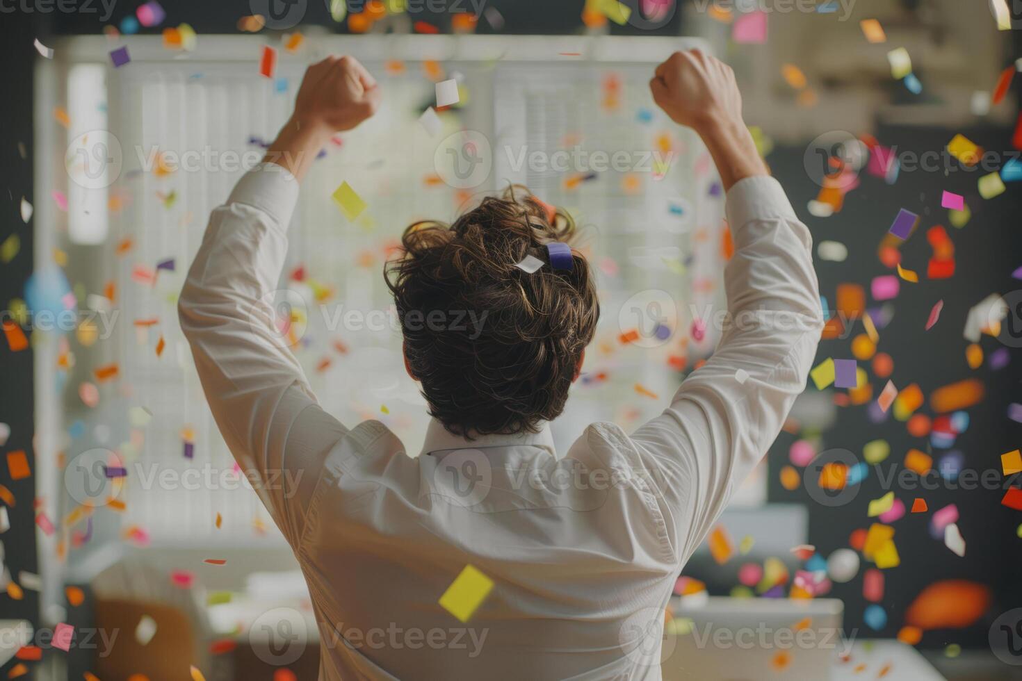 AI generated Rear view of happy businessman celebrates success with confetti in office. Generative AI photo