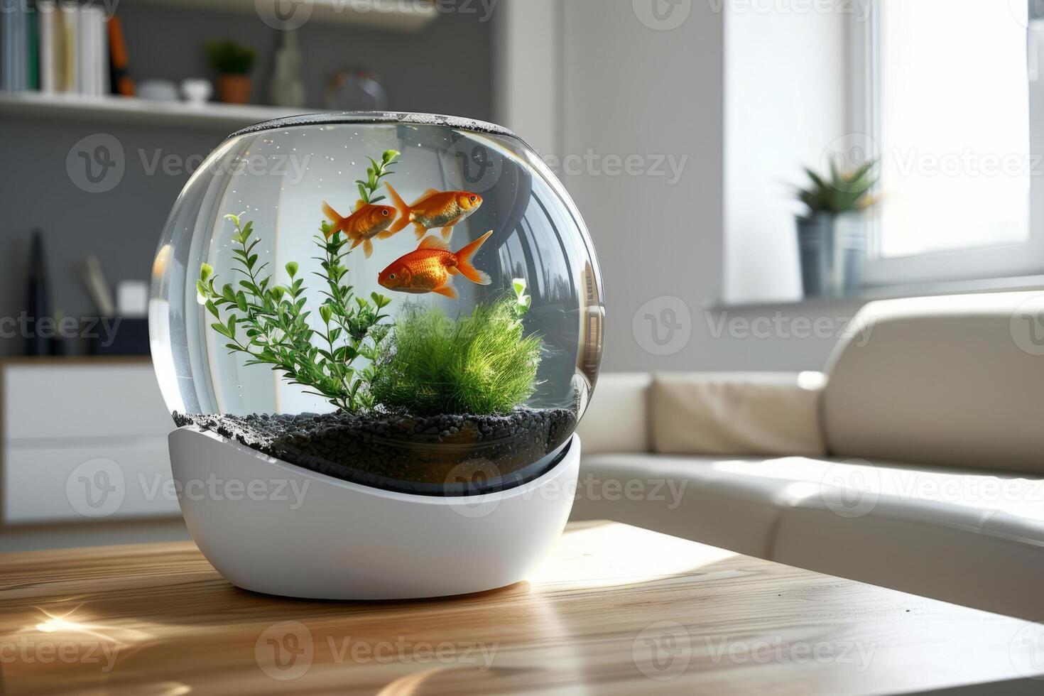 AI generated Aquarium with goldfish on the table in the sunny room. Generative AI photo