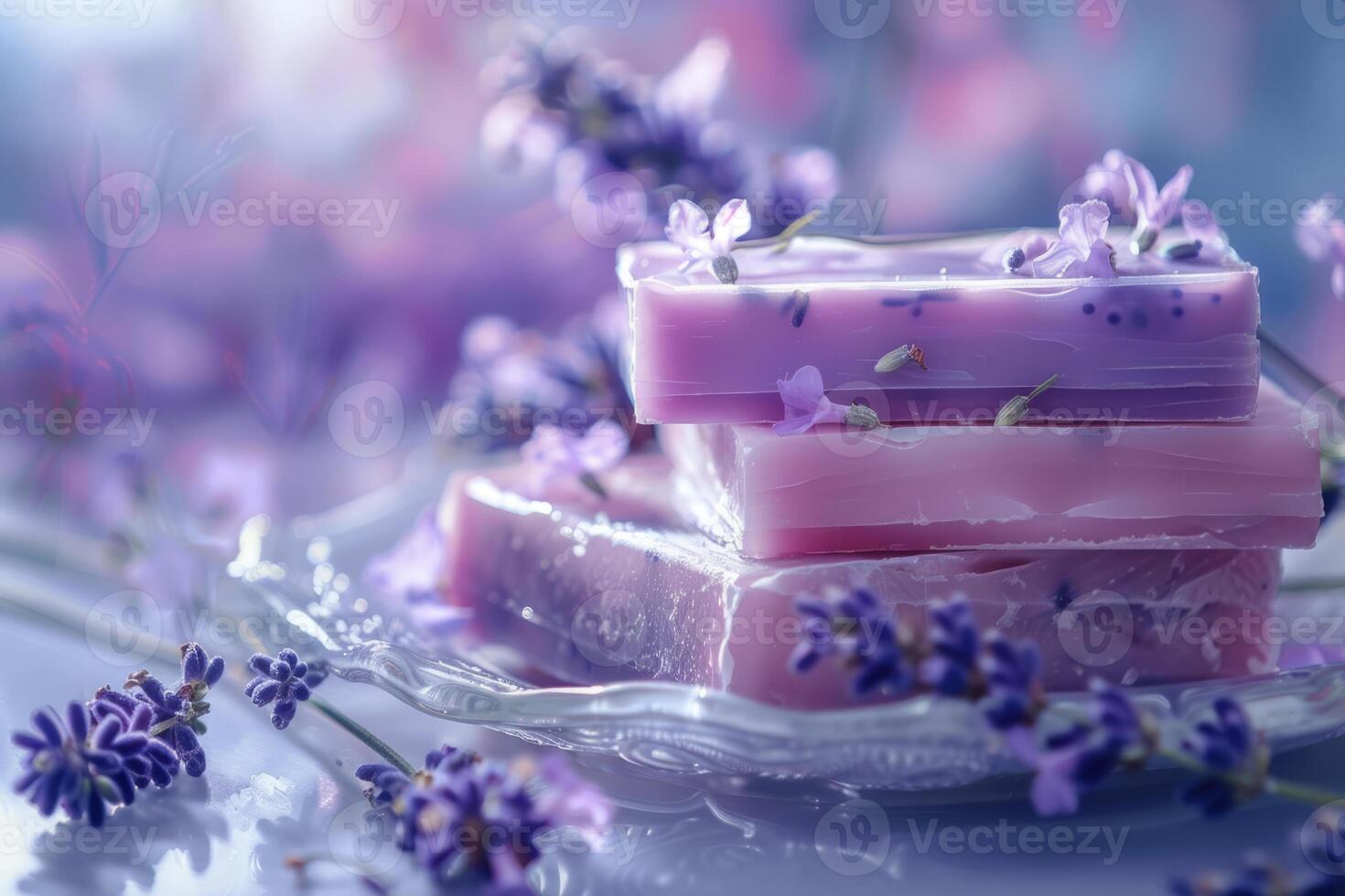 AI generated Scented natural soap bars with lavender flowers. Organic beauty treatment. Generative AI photo