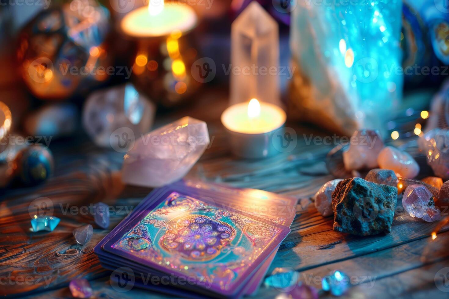 AI generated Crystals, candles and other divination tools next to the tarot cards. Generative AI photo