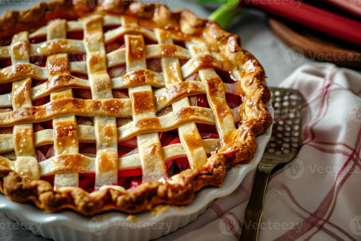 AI generated Freshly baked rhubarb pie with a golden crust. Generative AI photo