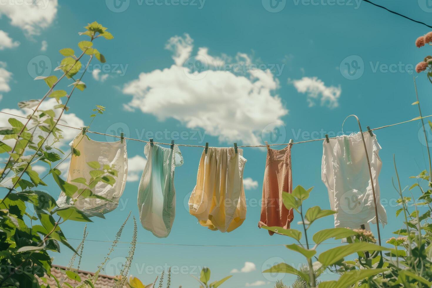 AI generated Dry clothes hanging on a laundry rope outside with green plants and a blue sky in the background. Generative AI photo