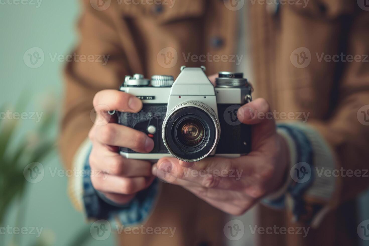AI generated Man holds a vintage camera for content creation. Generative AI photo