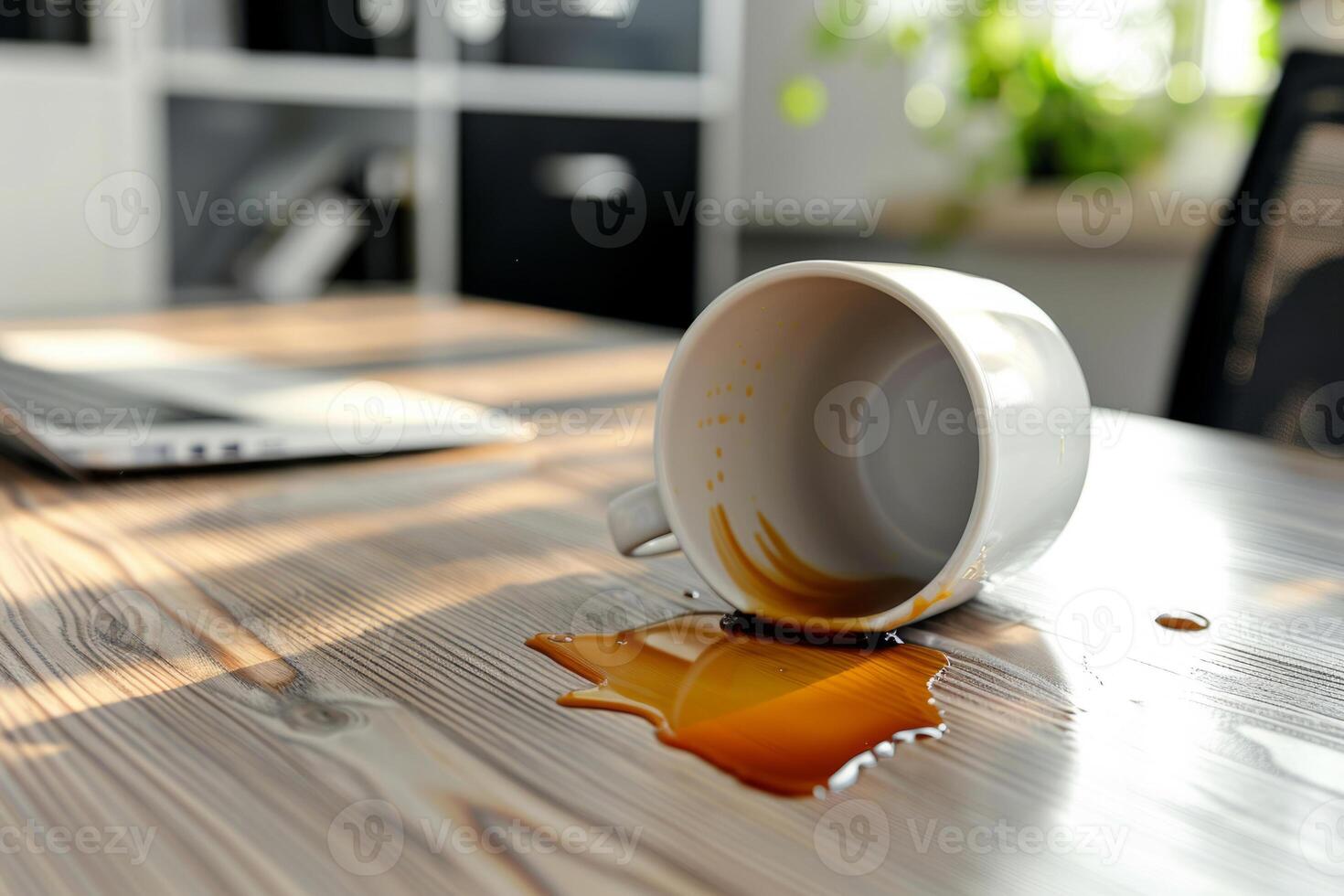 AI generated Cup of coffee spilled out on wooden desk. Generative AI photo