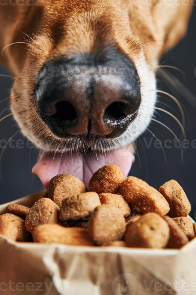 AI generated Dogs nose close up sniffing dry food in a bag of treats. Generative AI photo