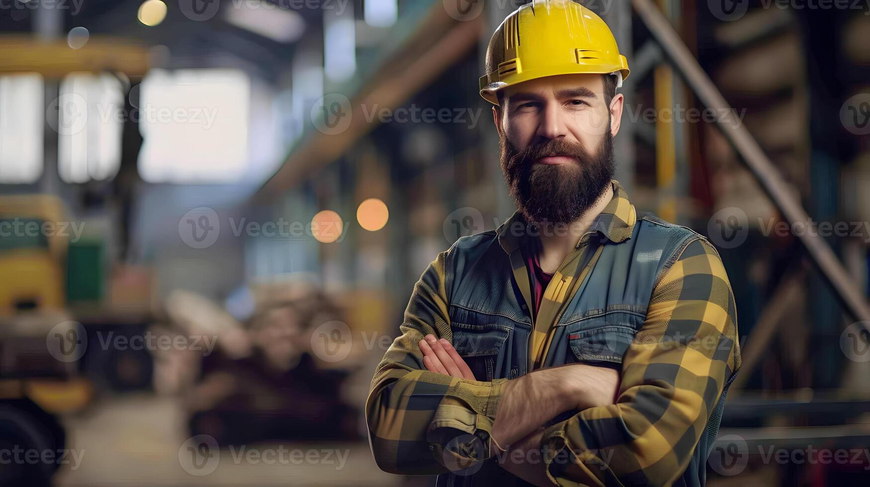 AI generated Portrait of a working man in a uniform and a hard hat. AI Generated photo