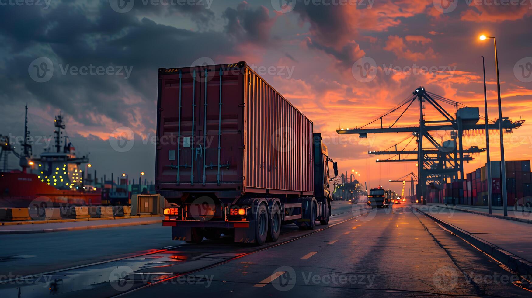 AI generated Truck trailer on the pier in the cargo port terminal with cranes and containers. AI Generated photo