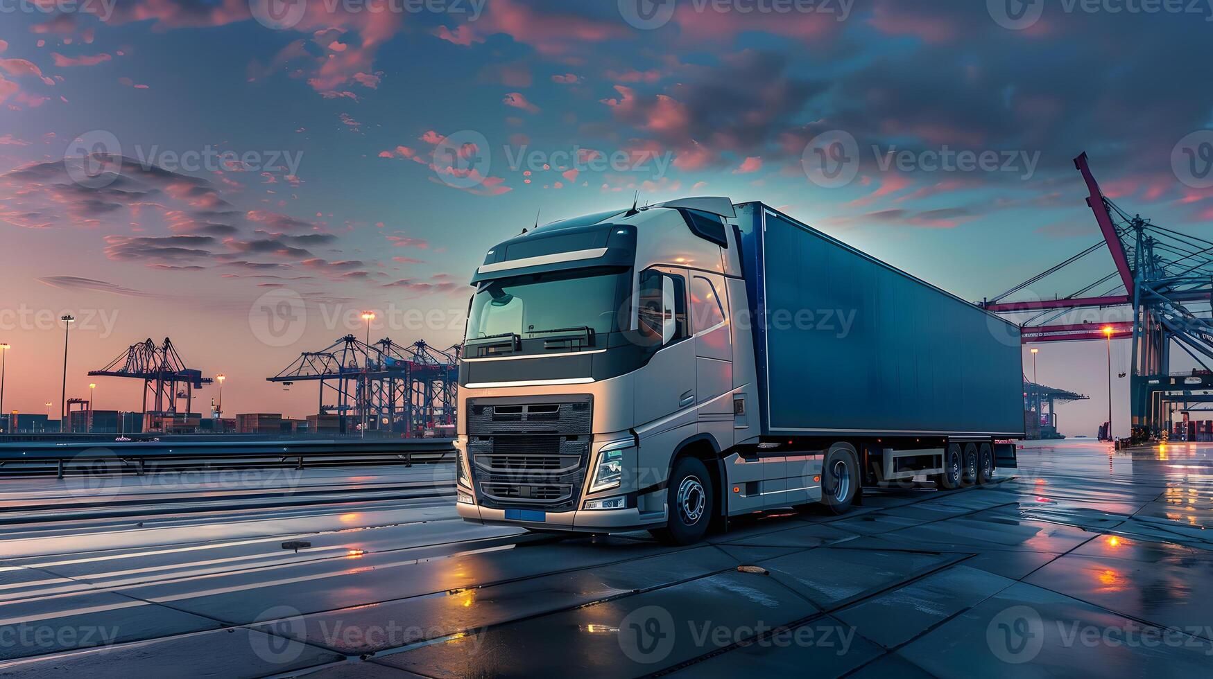 AI generated Truck trailer on the pier in the cargo port terminal with cranes and containers. AI Generated photo