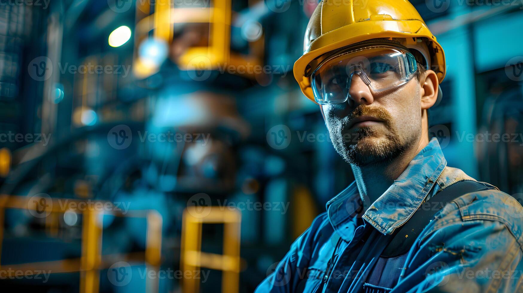 AI generated Portrait of a working man in a uniform and a hard hat. AI Generated photo