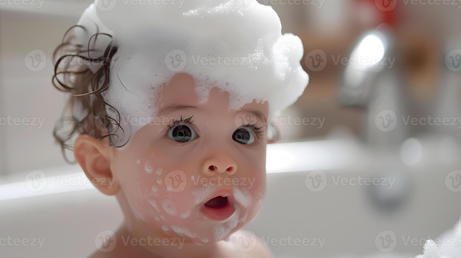 AI generated A cute little child with little foam on his head. AI Generated photo