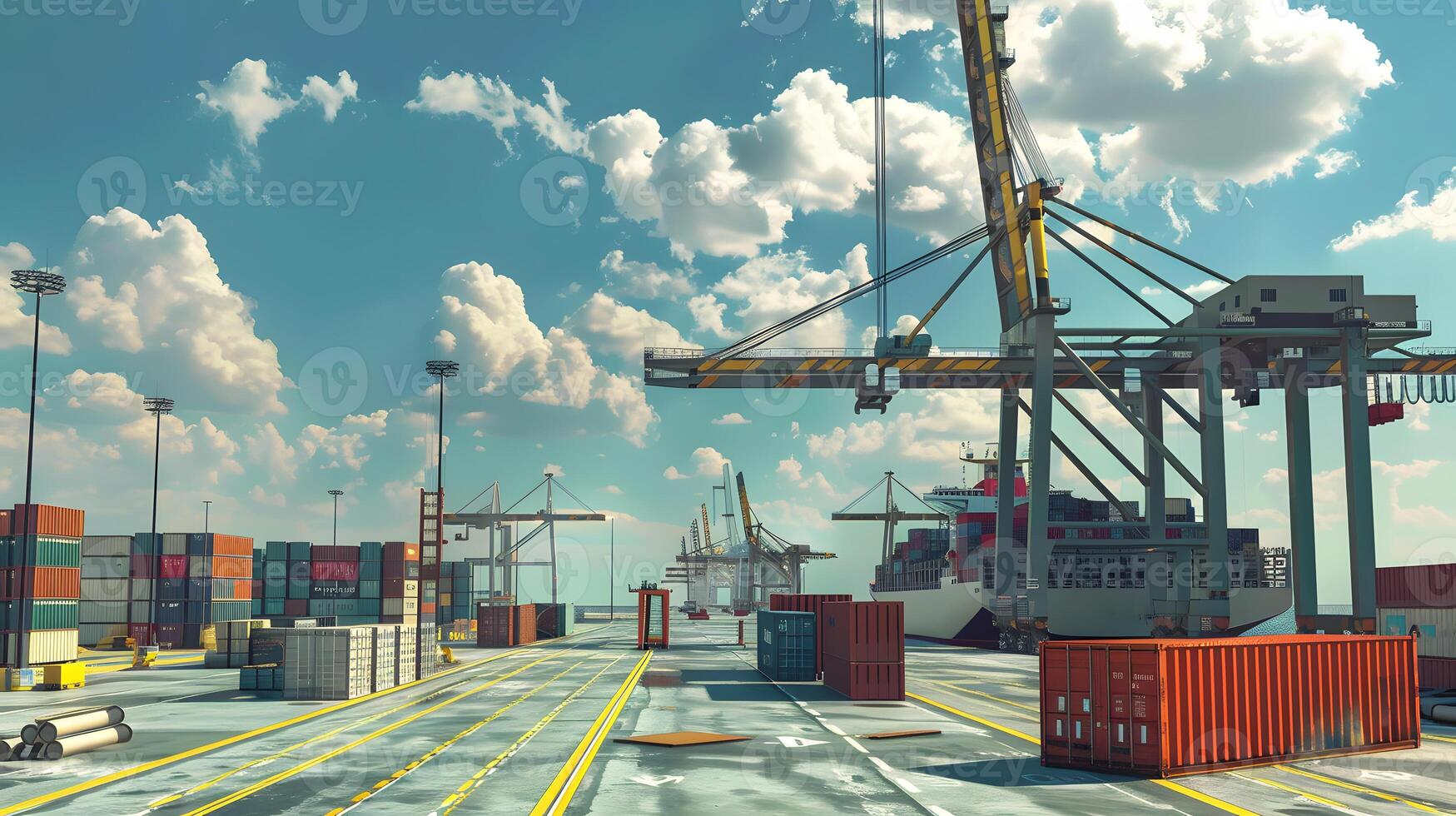 AI generated A ship for transporting cargo containers and also unloading it at the docks of a cargo port. AI Generated photo