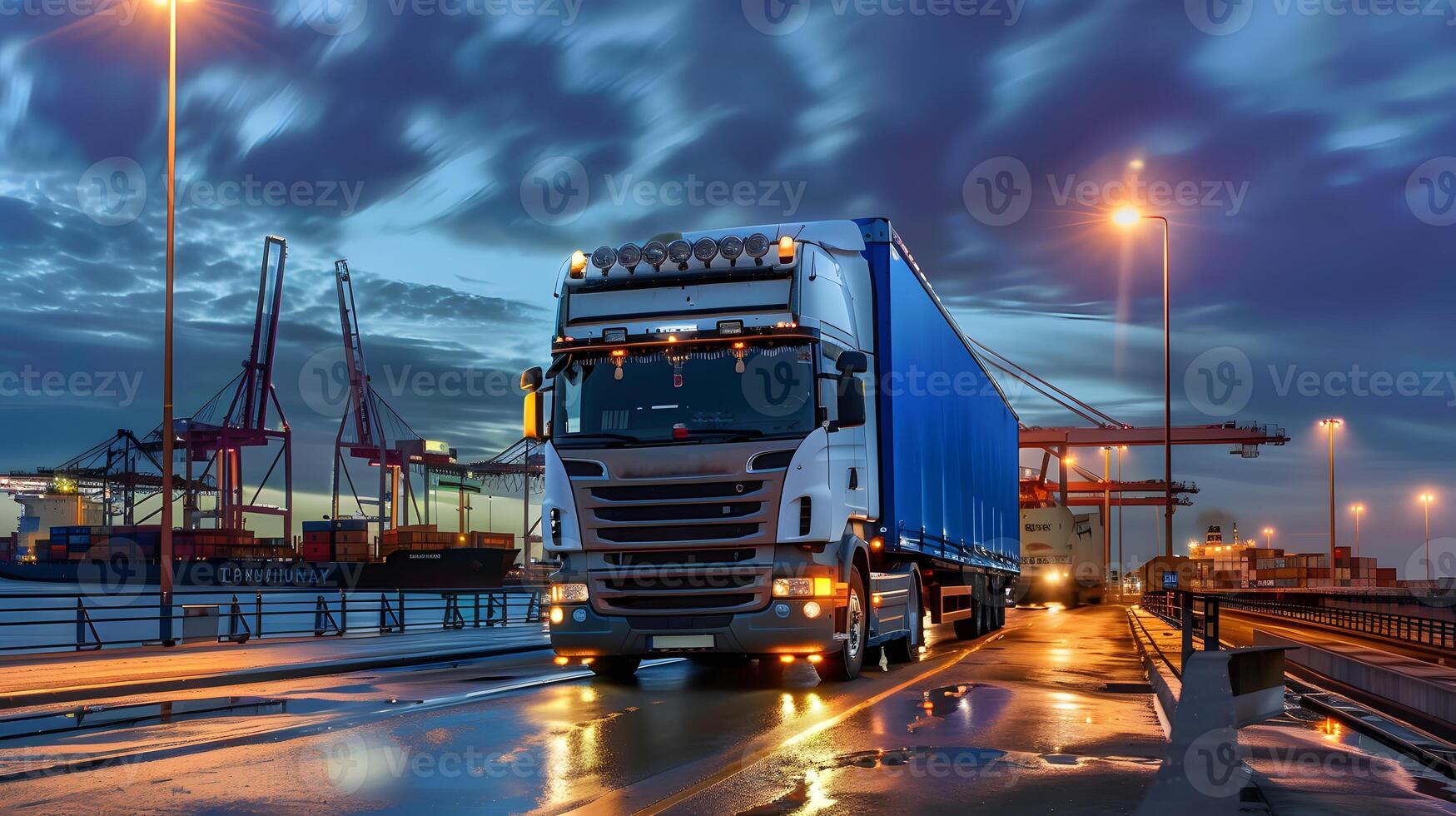 ai generado camión remolque en el muelle en el carga Puerto terminal con grúas y contenedores ai generado foto