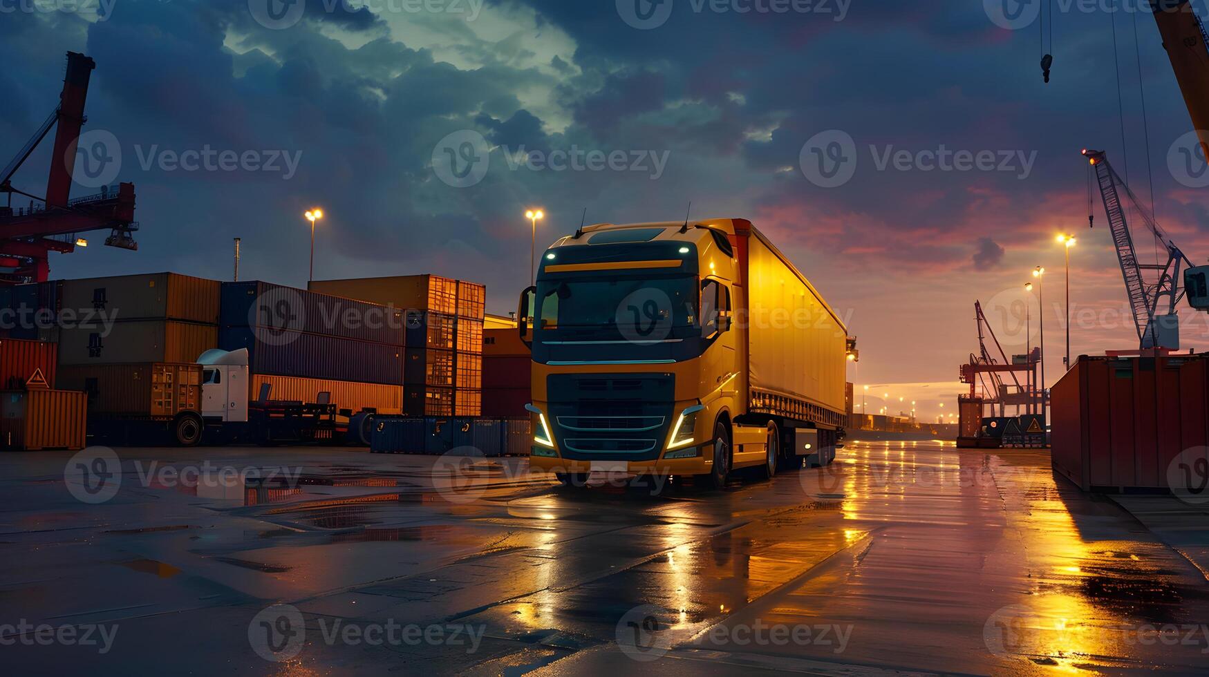 ai generado camión remolque en el muelle en el carga Puerto terminal con grúas y contenedores ai generado foto