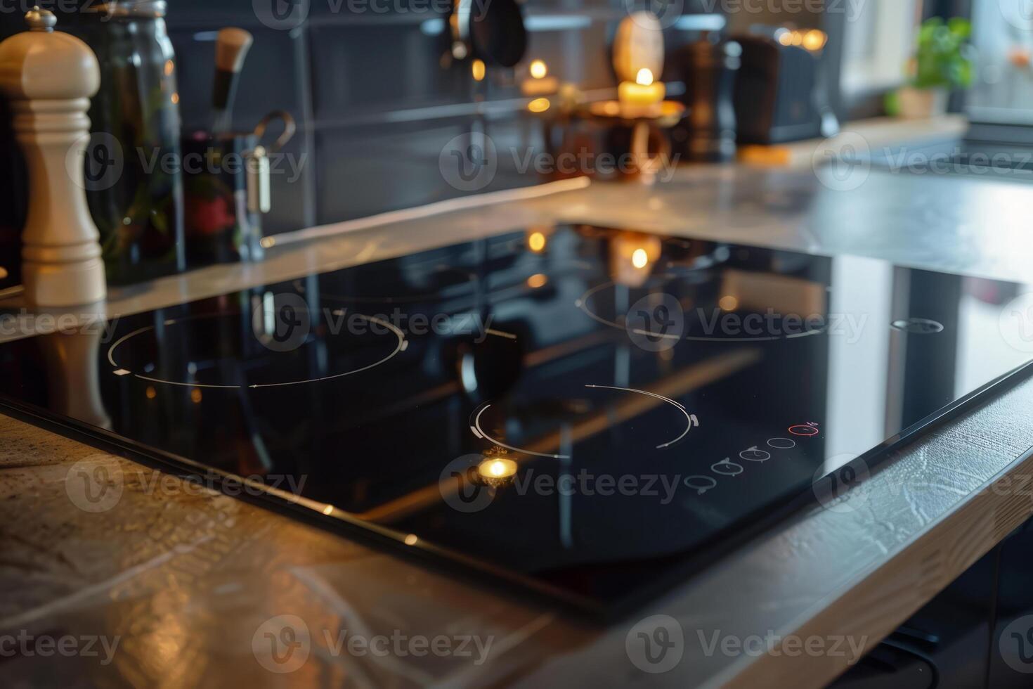 AI generated Modern black induction stove in kitchen interior. Contemporary home with modern interior. Generative AI photo