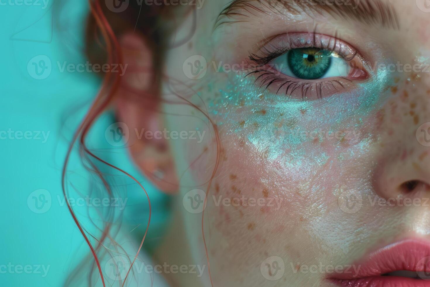 AI generated Beautiful girl with pastel teal and pink makeup. Generative AI photo