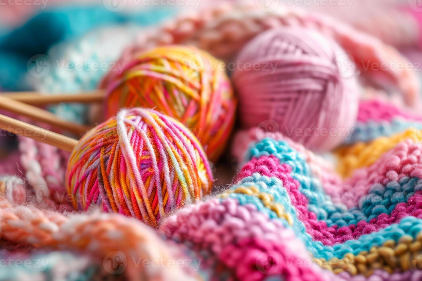 AI generated Knitting needles and unfinished colorful knitted sweater. Generative AI photo